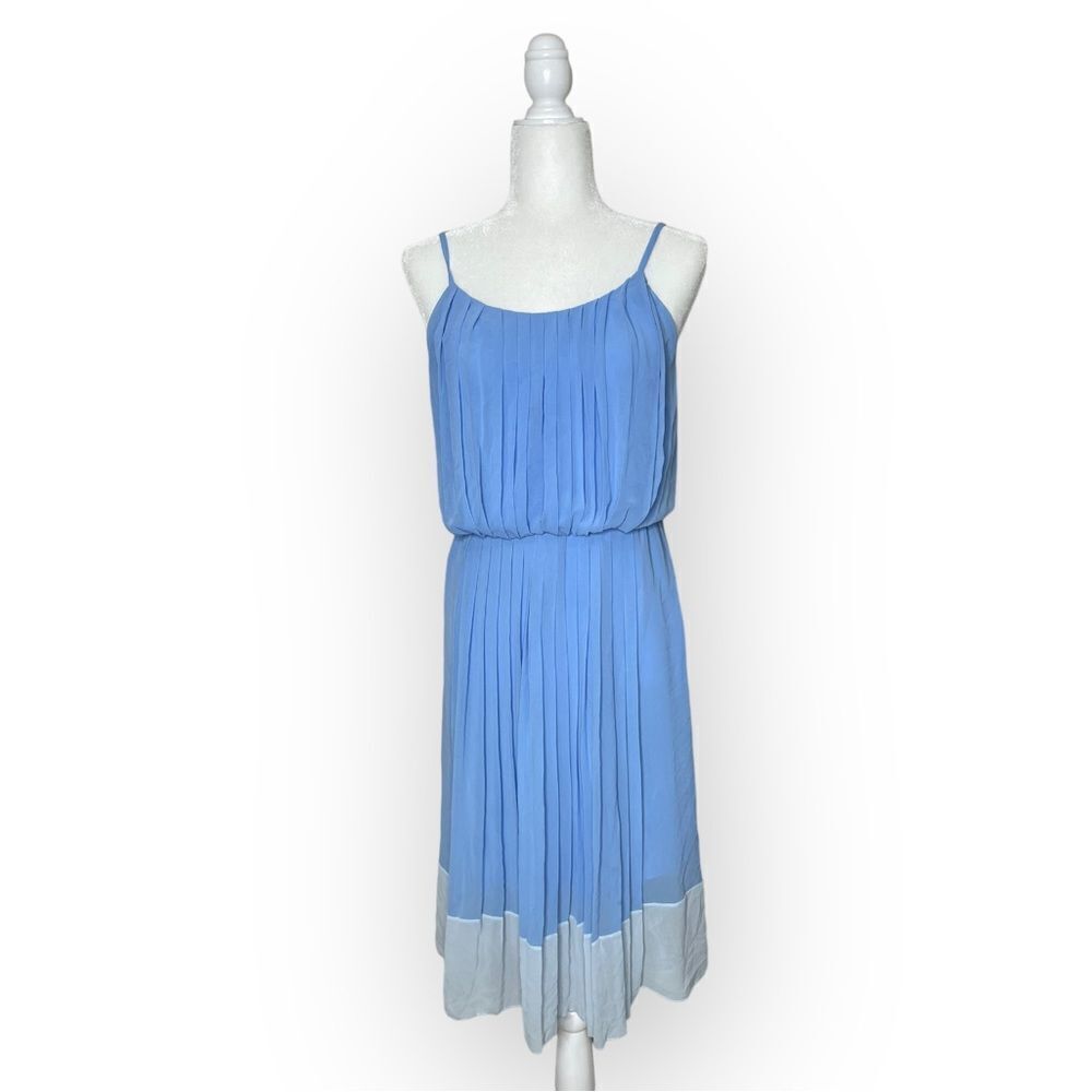 SANDRO Blue and White Scoop Neck Pleated Midi Length Dress Size Small